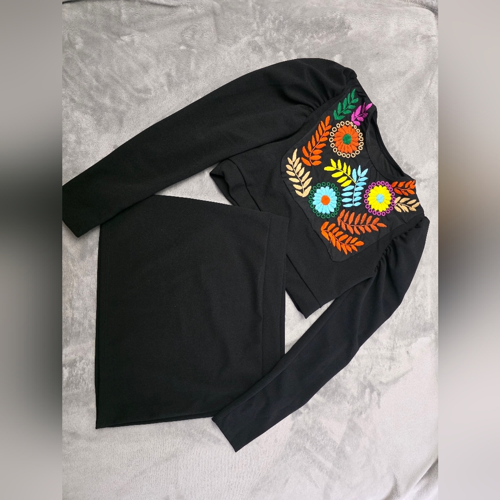 Black Top and Skirt Set with Colorful Embroidery